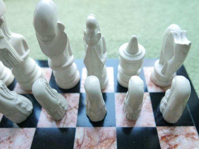 Vintage Marble Chess Board, 14 inch and Handcrafted African Soapstone Chess Set (king 6")