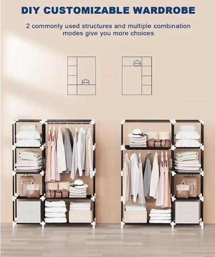 Fabric Wardrobe, 45 x 107 x 161 cm Portable Wardrobe, Foldable Closets with 6 Side Pockets, Black Closet for Bedroom,Living Room & Dorm