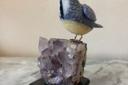 Hand-Carved Blue Tit on Raw Amethyst Cluster Base