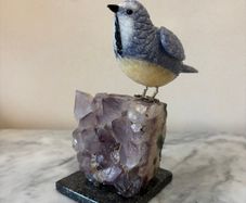 Hand-Carved Blue Tit on Raw Amethyst Cluster Base