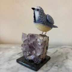 Hand-Carved Blue Tit on Raw Amethyst Cluster Base