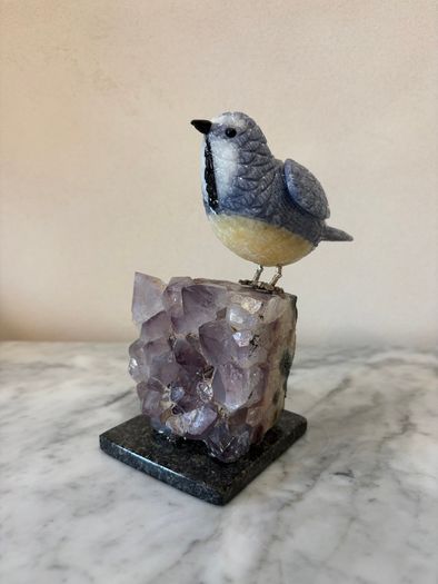 Hand-Carved Blue Tit on Raw Amethyst Cluster Base