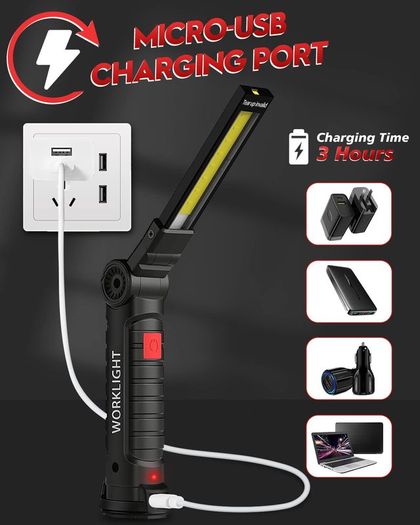 LED Torch Rechargeable Work Light, Emergency Inspection Lamp 360 Rotate Mechanic Light with Magnetic Base Hook (2 Pack, Black)
