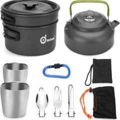 Camping Cooker Pan Set Aluminum Camping Cookware Kit for 2 People, Portable Outdoor Pot Pan Stove Kettle 2 Cups and Tableware - Backpacking Cookware for Picnic Trekking and Hiking (FREE POSTAGE)