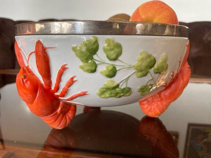 Antique WMF Lobster and Seaweed Silver Plated Trim Porcelain Round Serving Bowl 1920s