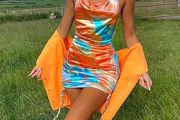 Tie dye satin ruched dress