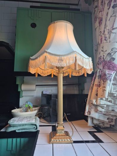 Tall lamp Vintage Gold metal Neoclassical  column lamp with silk called fringed tassled shade