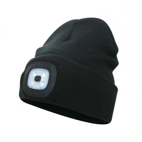 Black Beanie Hat with Built-in 4-LED Light -  Washable