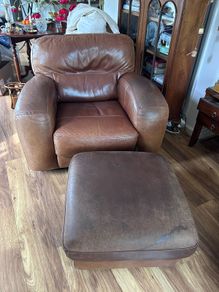 Armchair brown leather and footstool