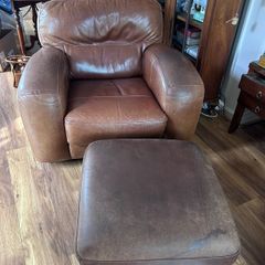 Armchair brown leather and footstool