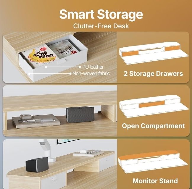 Standing Desk with Fabric Drawers, 100x60cm, Natural  2 Drawers, C-Clamp Compatible, 4 Memory Presets, 72-118cm Height Range, Multiple Sizes & Colors, Durable Steel Frame.