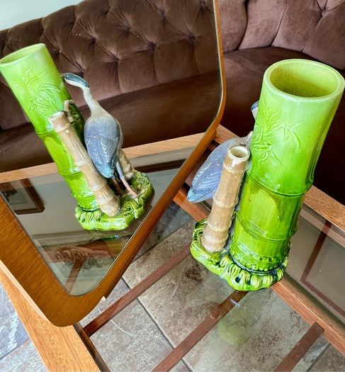 Antique Art Pottery Bretby Pottery 1890s Bamboo and Stork Large Spill Vase