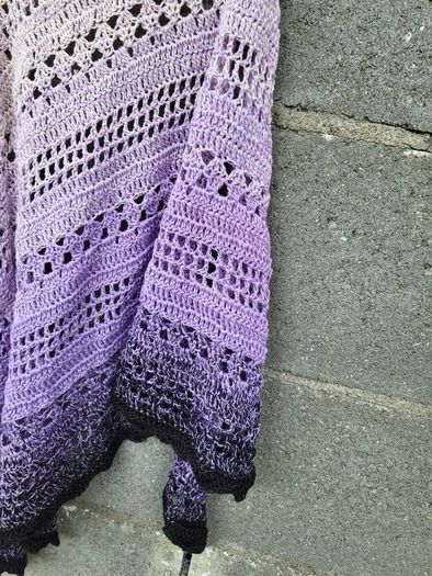 Handmade crochet triangle shawl wrap. Violet lila black ombre lacy shawl