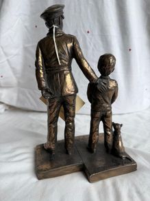 Signed Jeanne Rynhart Bronze Statue - Male Garda and Boy With Tag