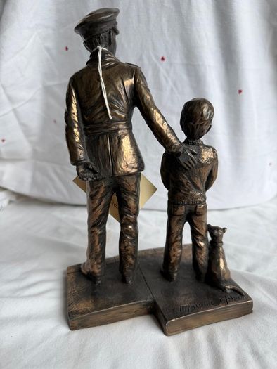 Signed Jeanne Rynhart Bronze Statue - Male Garda and Boy With Tag