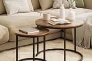 Round Coffee Tables, Removable Set of 2 End Table, Nesting Tables with Black Metal Frame Legs and Marble Black Top for Living Room, Bedroom, Office, Balcony, Apartment (Rustic Brown)