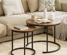 Round Coffee Tables, Removable Set of 2 End Table, Nesting Tables with Black Metal Frame Legs and Marble Black Top for Living Room, Bedroom, Office, Balcony, Apartment (Rustic Brown)