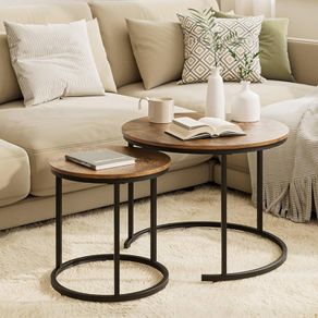 Round Coffee Tables, Removable Set of 2 End Table, Nesting Tables with Black Metal Frame Legs and Marble Black Top for Living Room, Bedroom, Office, Balcony, Apartment (Rustic Brown)