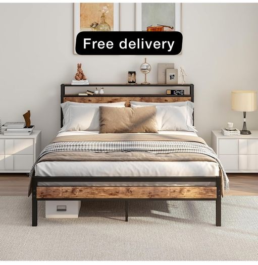 King Size Bed Frame with Storage Wooden Headboard