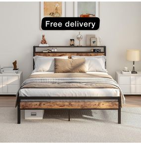 King Size Bed Frame with Storage Wooden Headboard