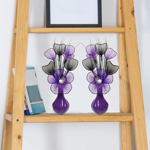 Matching Pair of Purple Vases with Purple Artificial Flowers, Ornaments Small Gift Home Accessories