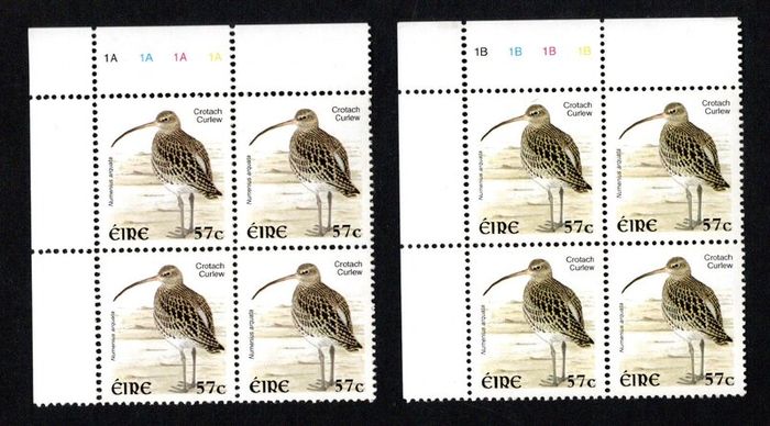 2002-04 Ireland Tenth Definitive series Birds 57c Curlew Plate Block 1A1A1A1A & 1B1B1B1B Mint Never Hinged (MNH)