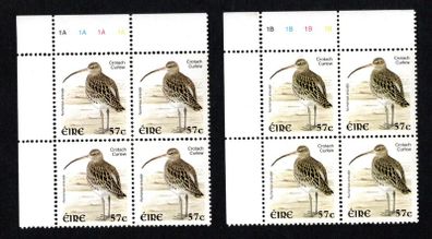 2002-04 Ireland Tenth Definitive series Birds 57c Curlew Plate Block 1A1A1A1A & 1B1B1B1B Mint Never Hinged (MNH)