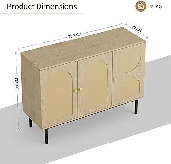 Sideboard Storage Cabinet, Kitchen Cupboard Storage with 3 Doors, Rattan Buffet Cabinet for Living Room, Dining Room, Kitchen, Hallway