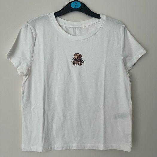 White Cropped Teddy Bear Graphic T-Shirt - Size S