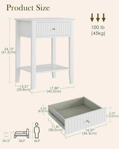 Bedside Table Chest of 1 Drawer, Bedside Cabinet Wooden Nightstand, Modern Side Table for Living Room,Bedroom,Office,White