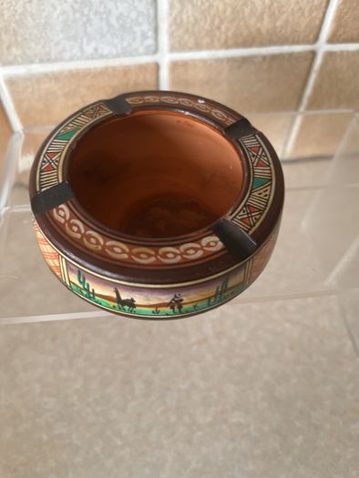 Vintage Handpainted Terracotta Ashtray & Round Carved Wooden Handpainted Trinket Box