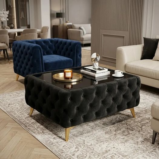 Chesterfield Coffee Table Velvet Rectangle 83x63x45cm with Glass