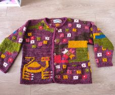 AMANO Vintage Colourful Chunky Knit Cardigan Purple Boho Patchwork Floral Jumpe