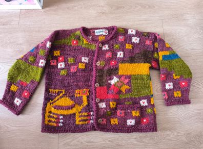 AMANO Vintage Colourful Chunky Knit Cardigan Purple Boho Patchwork Floral Jumpe