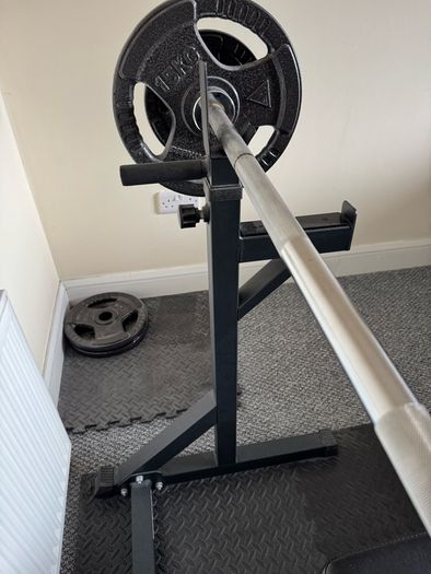 Bench press, squat rack, weights