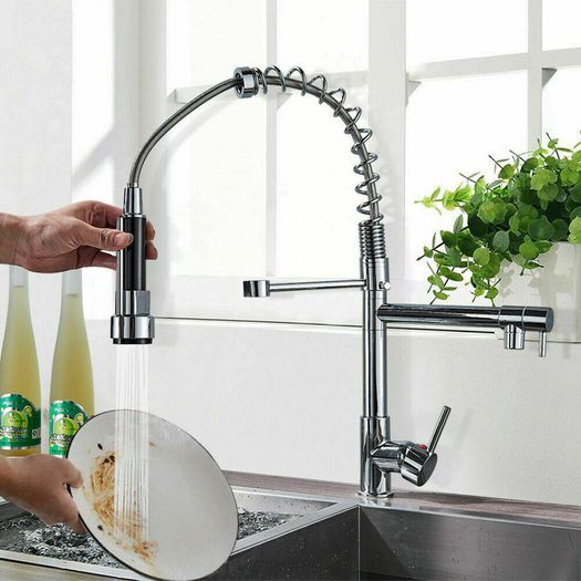 Swivel Pull Out Spray Taps Mixer Kitchen Sink Mixing Tap Spring Neck Chrome