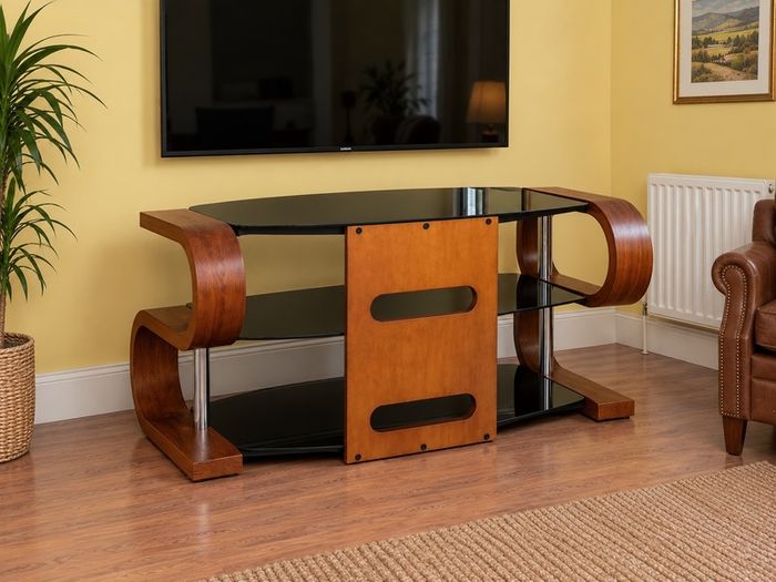 Modern Curved Wood & Black Glass TV Stand