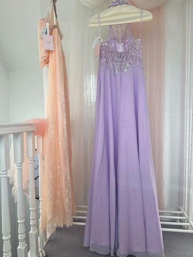 Light Purple Halter Beaded Sequin Long Gown