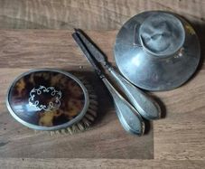 Solid sterling Silver collection, Antique Inkwell, Tortoise shell brush, Silver handles items.