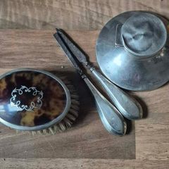 Solid sterling Silver collection, Antique Inkwell, Tortoise shell brush, Silver handles items.