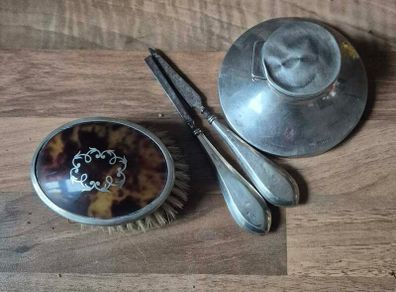 Solid sterling Silver collection, Antique Inkwell, Tortoise shell brush, Silver handles items.