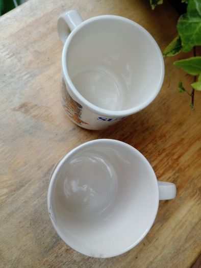 Carrigaline pottery, Pair promotional mugs, vintage advertising, 1980s, 1970s