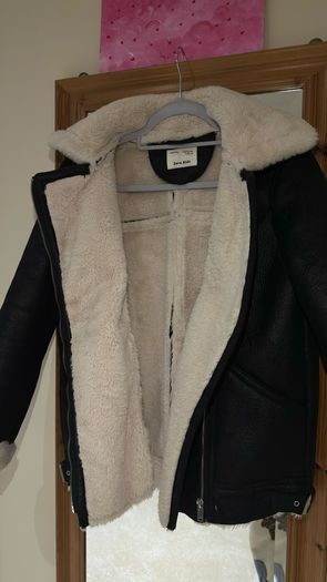 Zara Kids Black Faux Shearling Biker Jacket - Size 13-14 Yrs / 164 cm