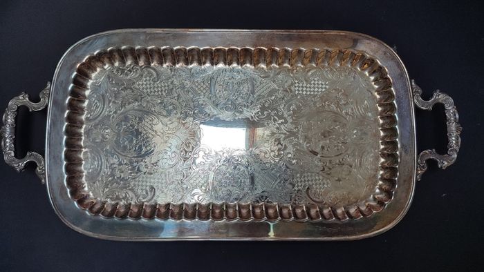 Vintage Silver Plated Butlers Serving Tray Platter Claw Footed 24 inch x 12 inch Leonard English