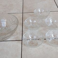 Vintage French Clear Glass Dessert Set Sunburst Pineapple Design
