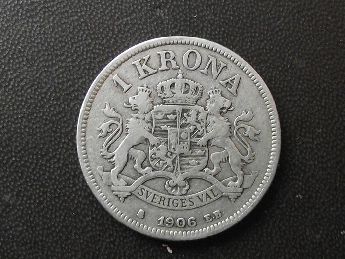 1906 Sweden. Oscar II. Silver 1 Krona