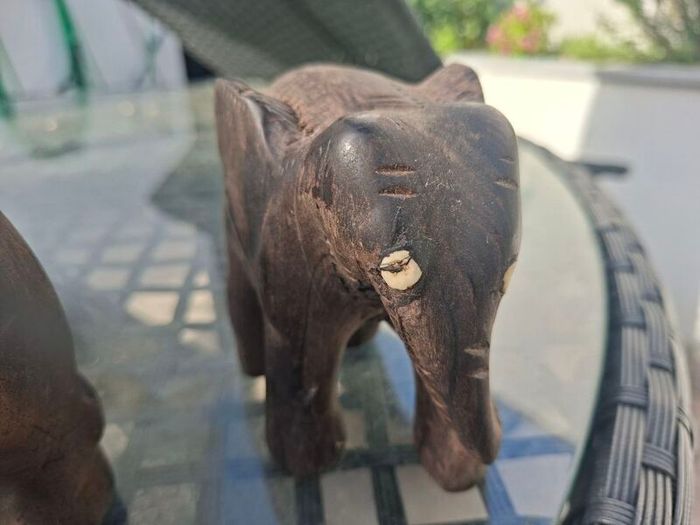 Lovely pair of Vintage Solid Rosewood Wooden Hand Carved Elephants