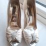Ivory satin peetoe high heel shoes by Dune London with a pleated bow trim accented with rhinestones Image 2