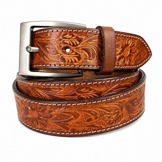 Unisex Genuine Leather Belt Vintage Embossed Design with Antique Buckle Casual & Formal Waist Belt