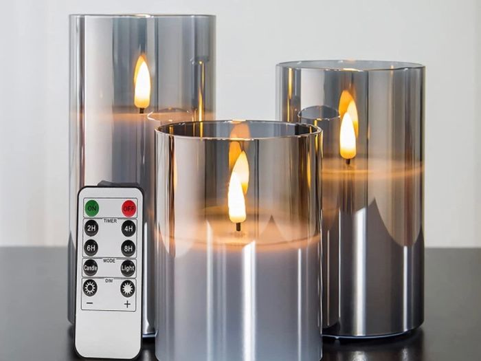 Silver Grey Glass Flameless Flickering Candles with Remote, 3 Pack Realistic LED Fake Candles 3 Inch H 4 Inch 5 Inch 6 Inch
